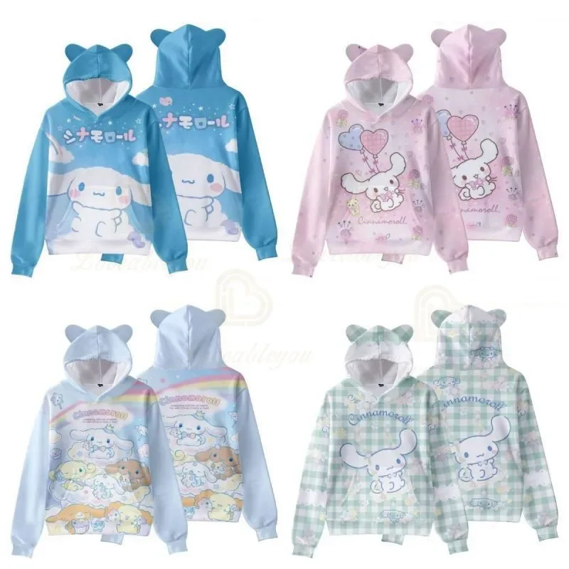 San Kawaii Women Men Long Sleeve Hoodies Cinnamoroll Pompom Purin Pullover Cute Cat Ear Hooded Sweatshirts Boys Girls