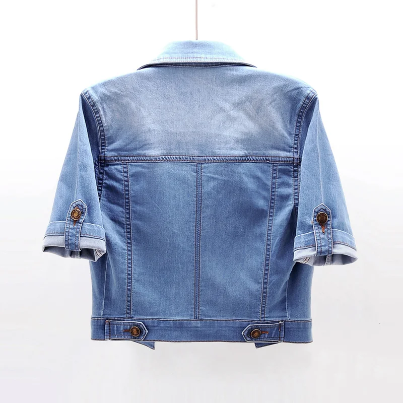 Vintage Blue Elasticity Slim Denim Jacket Coat donna Chaquetas Mujer coreano studente capispalla mezza manica Jeans giacche donna