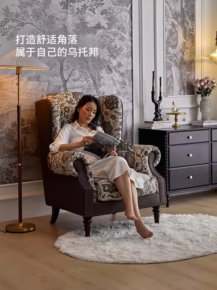 LD6American Retro Wingback كرسي غرفة معيشة فردية أريكة قماش خشب متين أريكة غرفة النوم