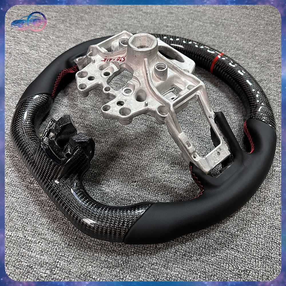 For Ford Mustang Carbon Fiber Steering Wheel Red Style Perforated Leather Flat Bottom Sport Style GT Shelby Interior Upgrade view 4