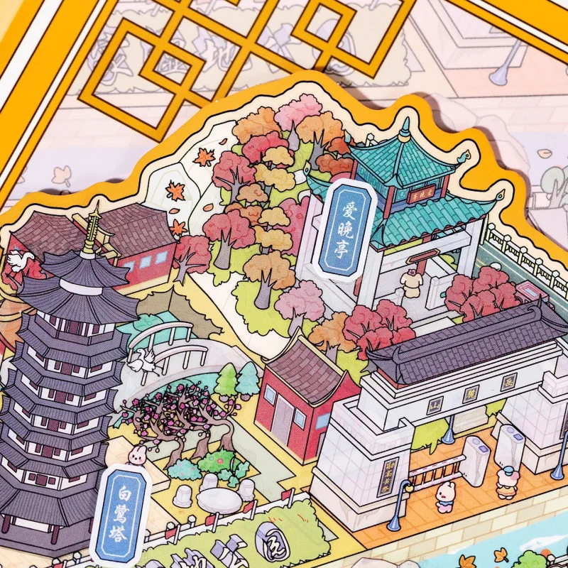 مجموعة ملصقات منظر طبيعي المدينة الصينية ثلاثية الأبعاد مكونة من 4 قطع، تصميمات ثلاثية الأبعاد مفصلة لآليس كوانزاي من تشنغدو