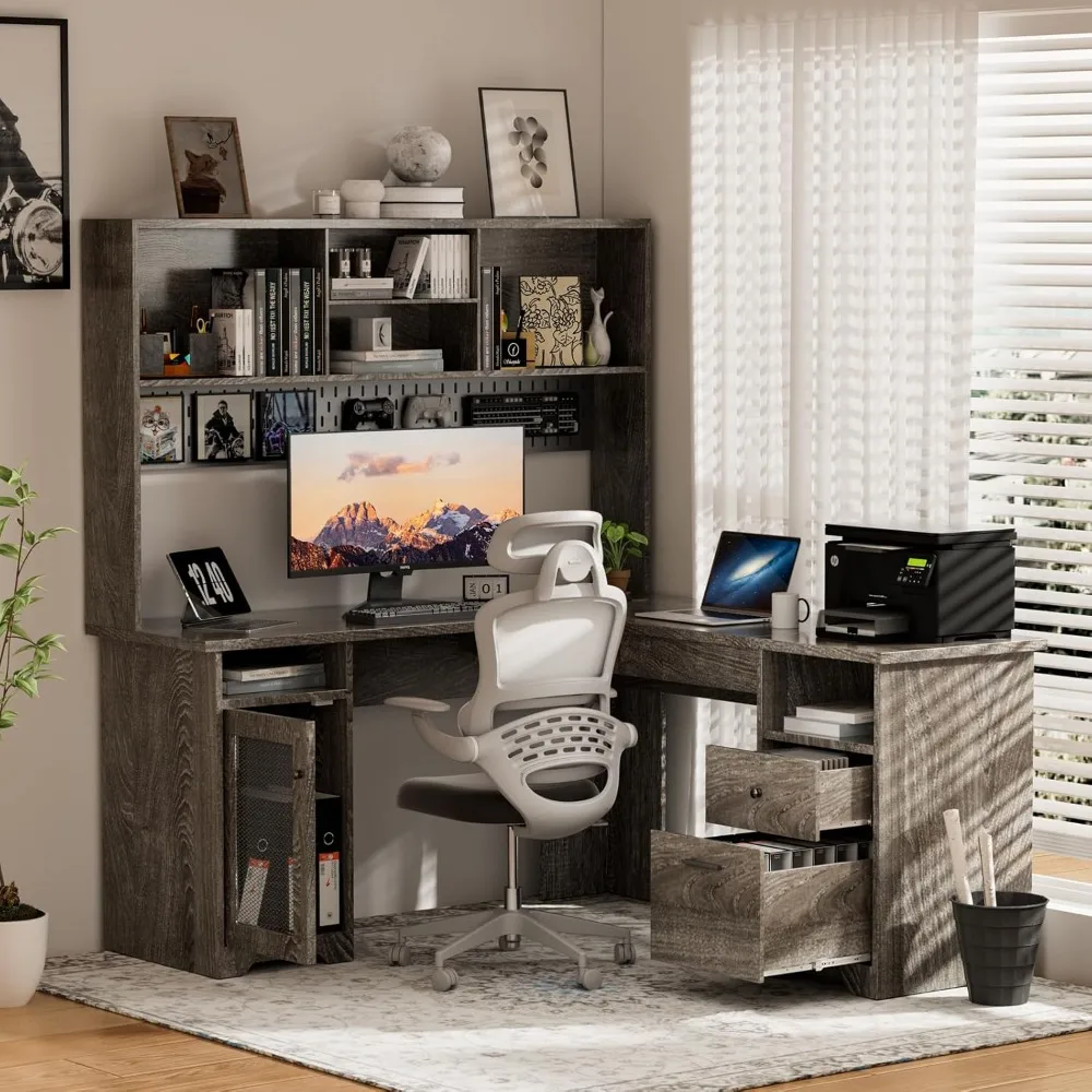 

l Shaped Desk with Hutch, 67'' Lift Top Corner Office Desk w/Drawer Storage Power Outlet LED, Wider Computer Desk w/File Cabinet