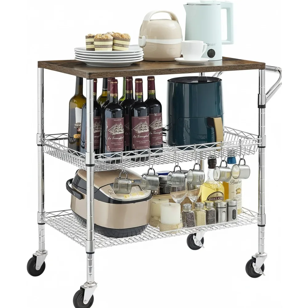 

Сверхмощная трехъярусная кухонная тележка на колесиках с деревянной столешницей, вместимость 650 фунтов, регулируемые полки для домашнего и коммерческого использования