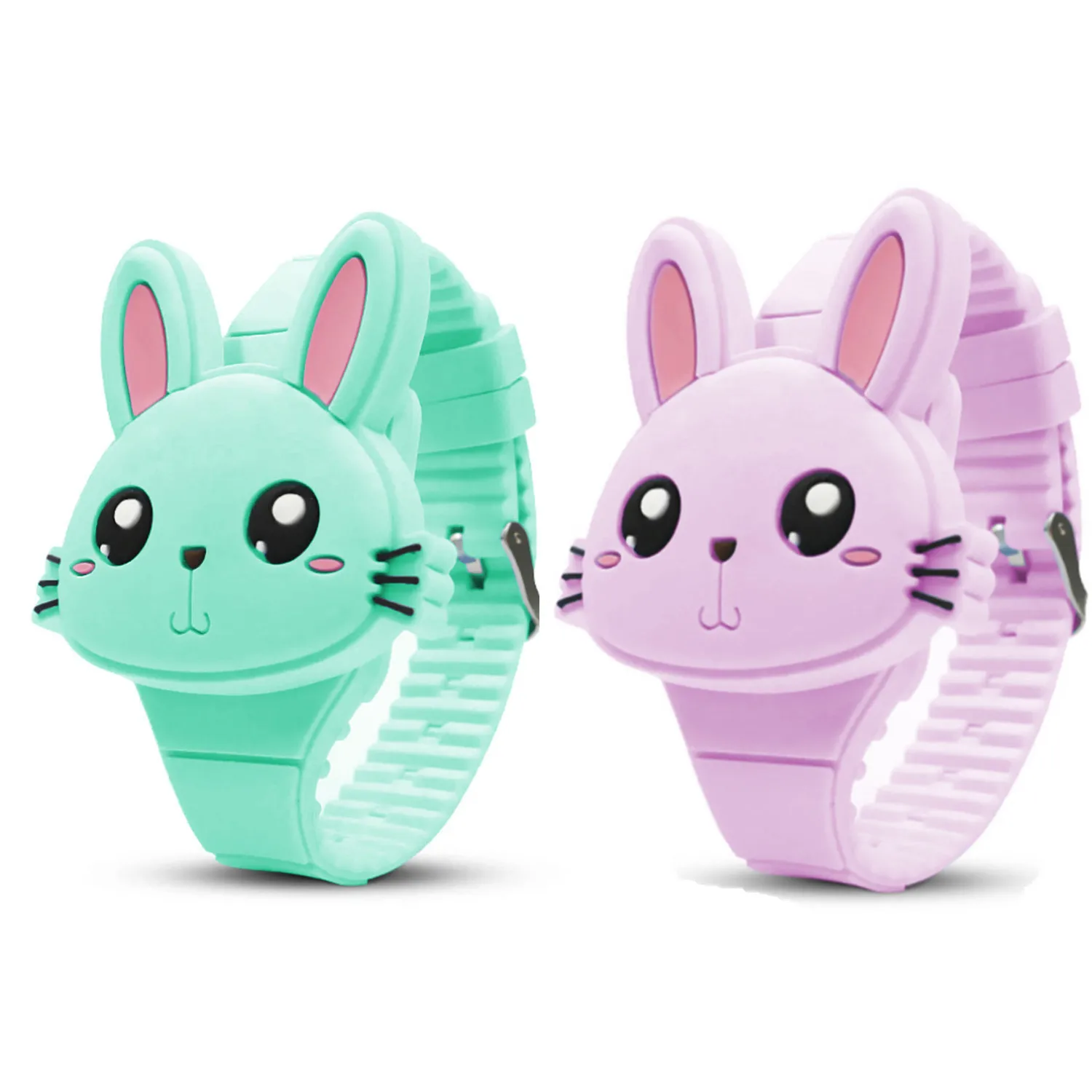 Cute Cartoon Rabbit Shape Flip Cover Silicone LED Digital Watch for Boys Girls Kids Children Birthday 2025 New Year Decorations