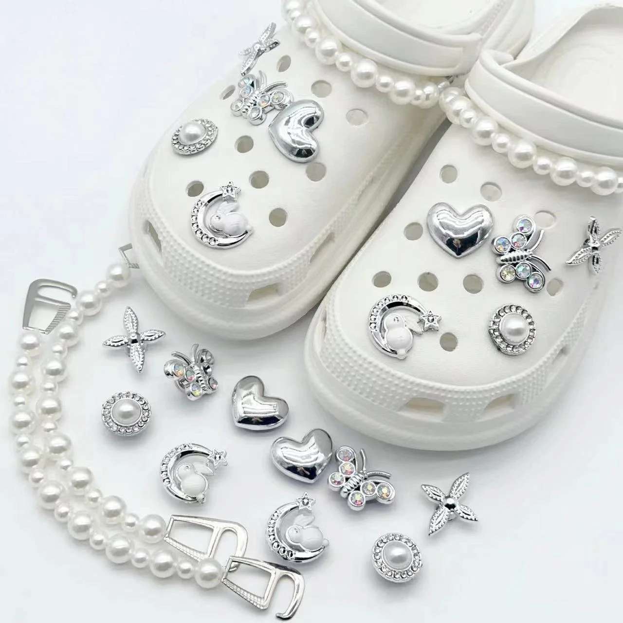 10PCS Creative Shoe Decoration Fashion DIY Shoe Flower Shoe Jewelry Set Diamond Butterfly Pearl Flower Detachable Chain Buckle image 3