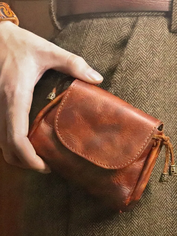 Vintage Coin Purse Men Women Genuine Leather Casual Small Coin Wallet Hard Leather Money Pocket Drawstring Storage Bag