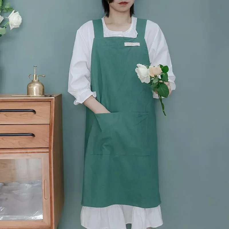 Apron Japanese and Korean simple apron denim apron cotton and linen solid color blouse kitchen Florist coffee shop apron