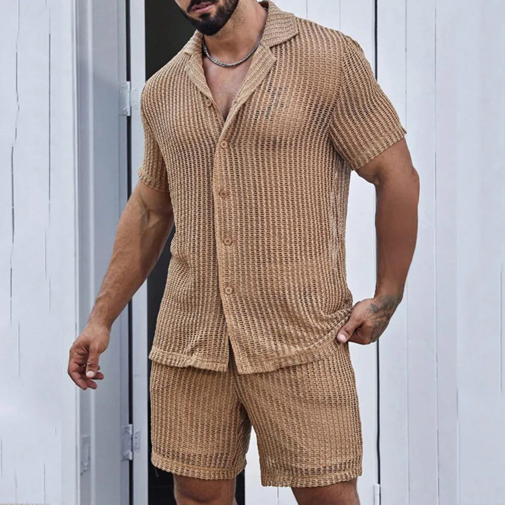 

Mens Perspective Thin Short-Sleeved Shirt Shorts Two-Piece Suit Leisure Vacation Breathable Comfort Solid Color Suit 2024 Summer