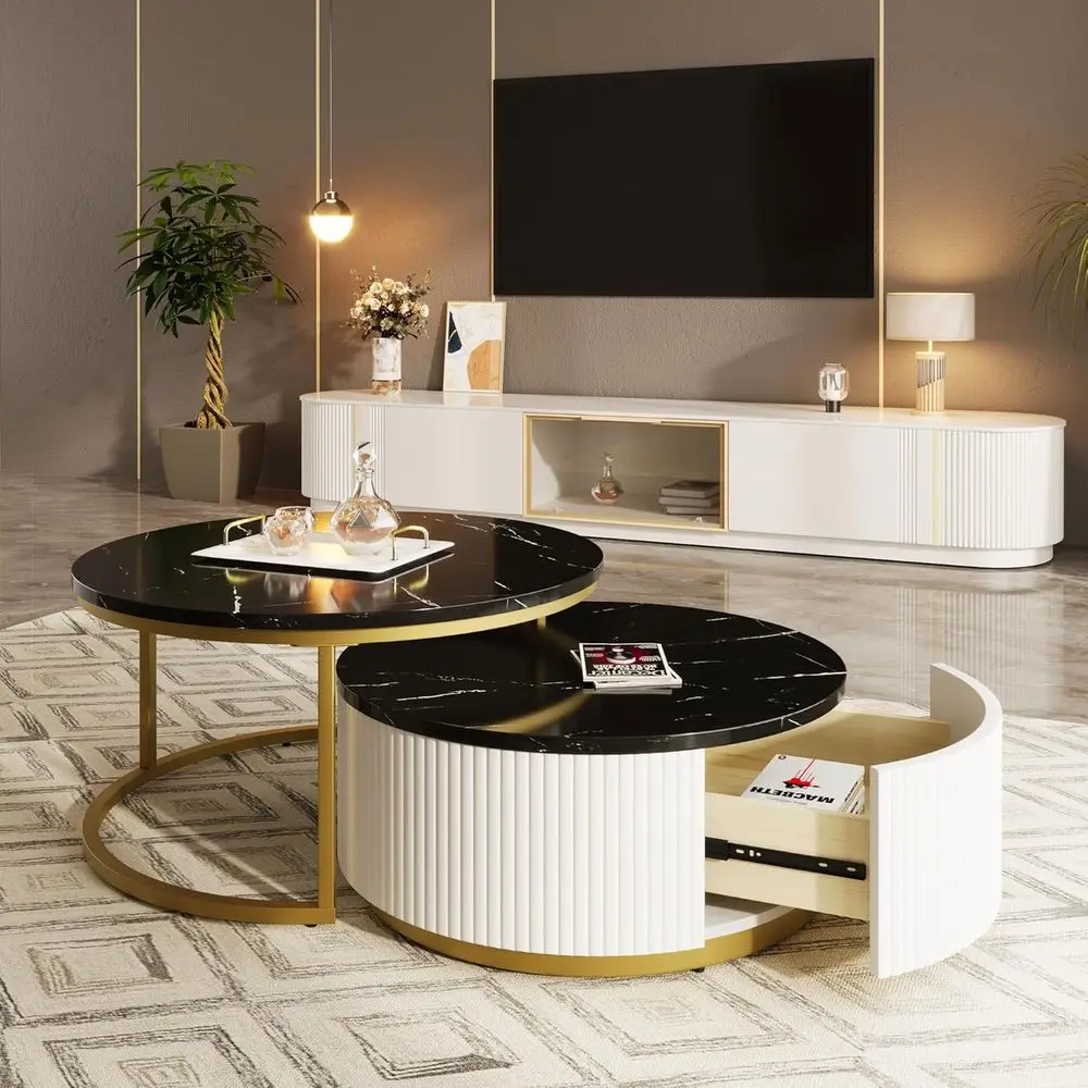 

2-Piece Nesting Coffee Table Set, Circular Storage Coffee Table, Stackable Sofa Side Table with Black Marble Top, Gold & White A