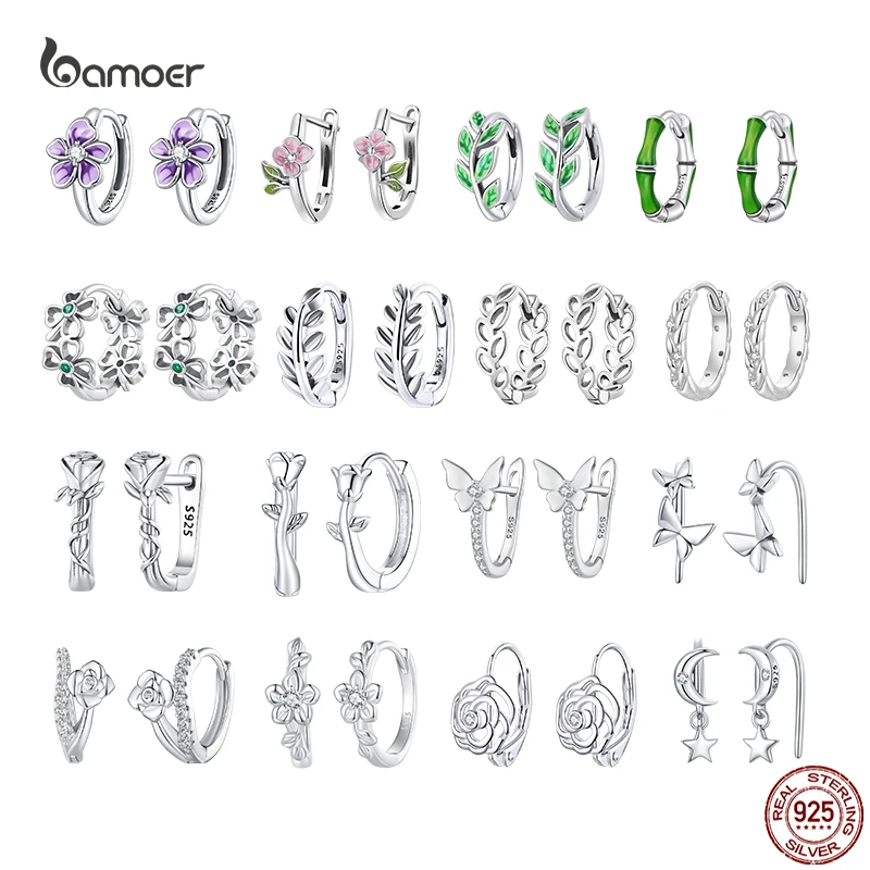 Bamoer 925 Sterling Silver Piercing Earrings Butterfly Hoop Bamboo Ear Buckles Small for Women Girl Fine Wedding Jewelry Gifts