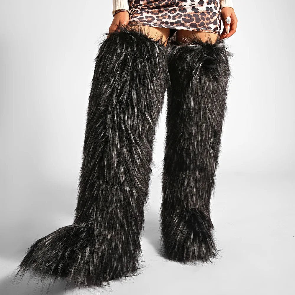 Faux Fox Raccoon Fur Womens Thigh Highs Boots Over the Knee Boots - view 6