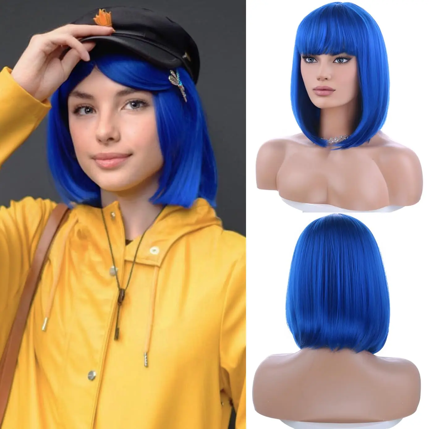Peruka syntetyczna ciemnoniebieska Bob Cosplay + spinka do włosów ważka na imprezę Halloween kostium peruka damska