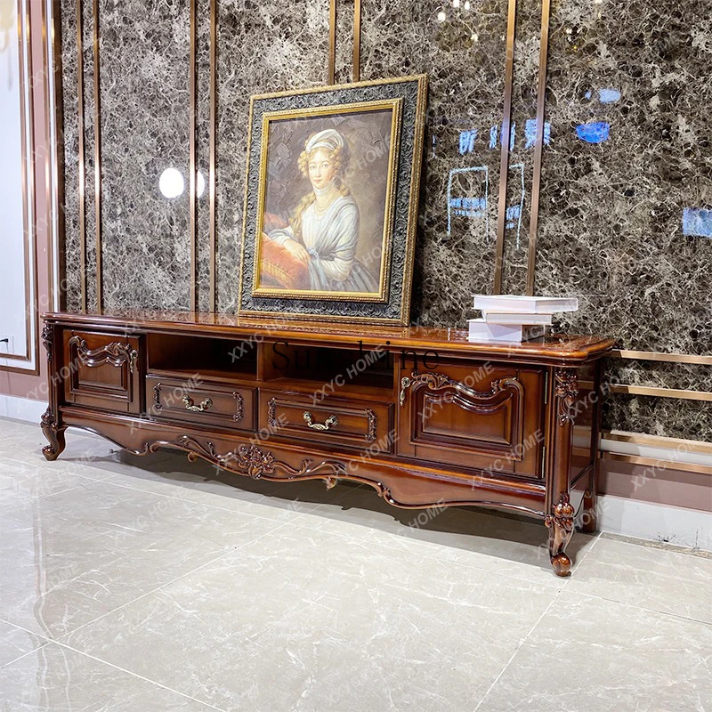 all-solid wood TV cabinet retro engraved baking paint with pumped storage