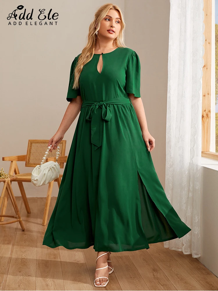 

Add Elegant Summer Plus Size Ladies Dress Self-tie O Neck Hollow Out Side Slit Waist Female Green Solid Large Party Dresses B244