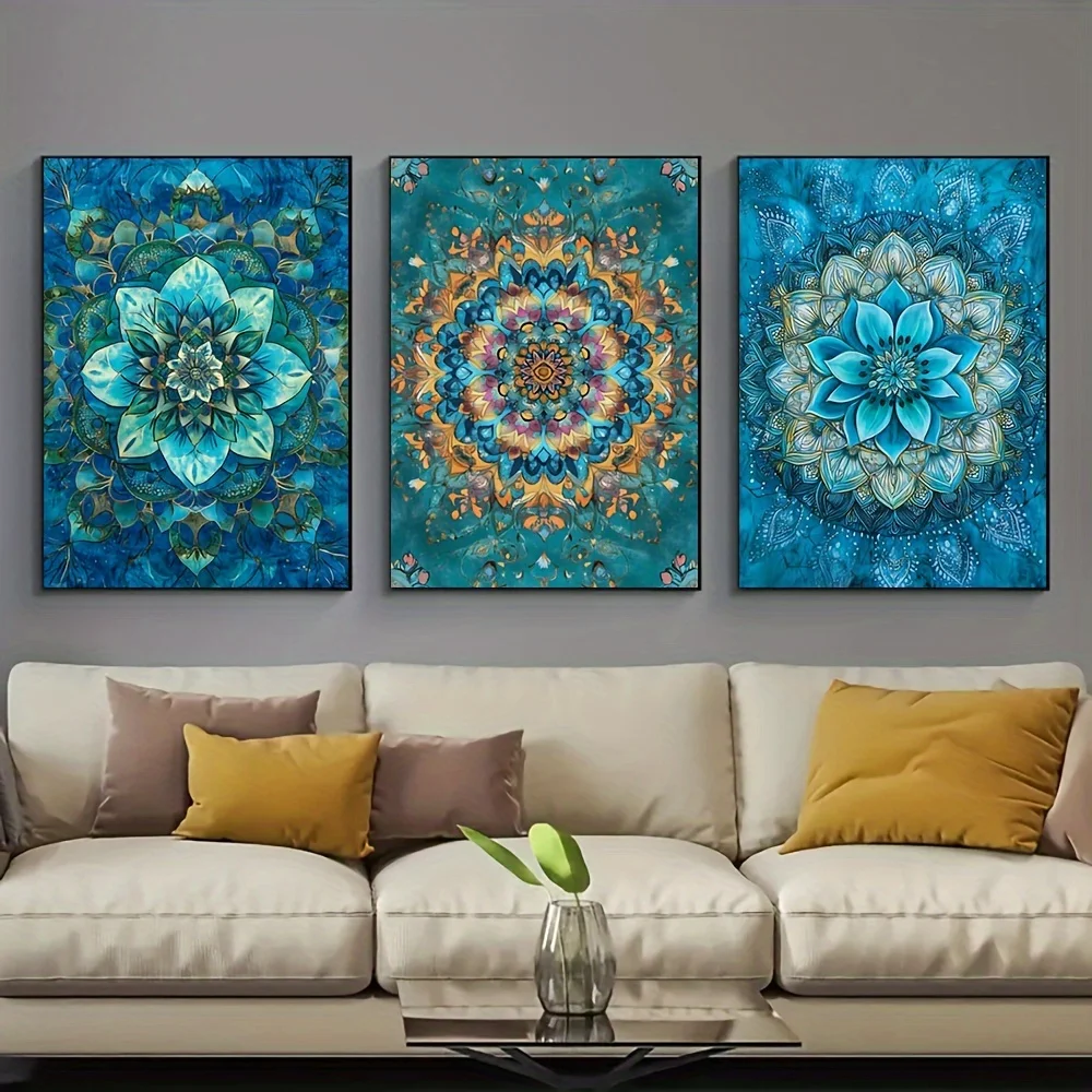 （No Frame 3PCS）-2D Flat, 2D/FLAT 3pcs Frameless Mandala Blue Canvas Poster, Bohemian Floral Geometric Print for Bedroom Livin