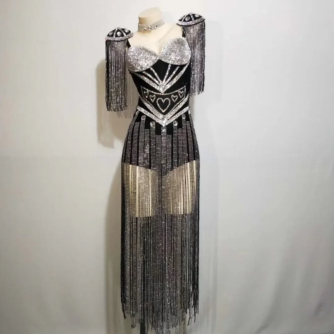 Schwarz Glänzende Strass Kristall Lange Quaste Bodys Für Frauen Sänger Bühne Leistung Kostüme Party Karneval Trägt