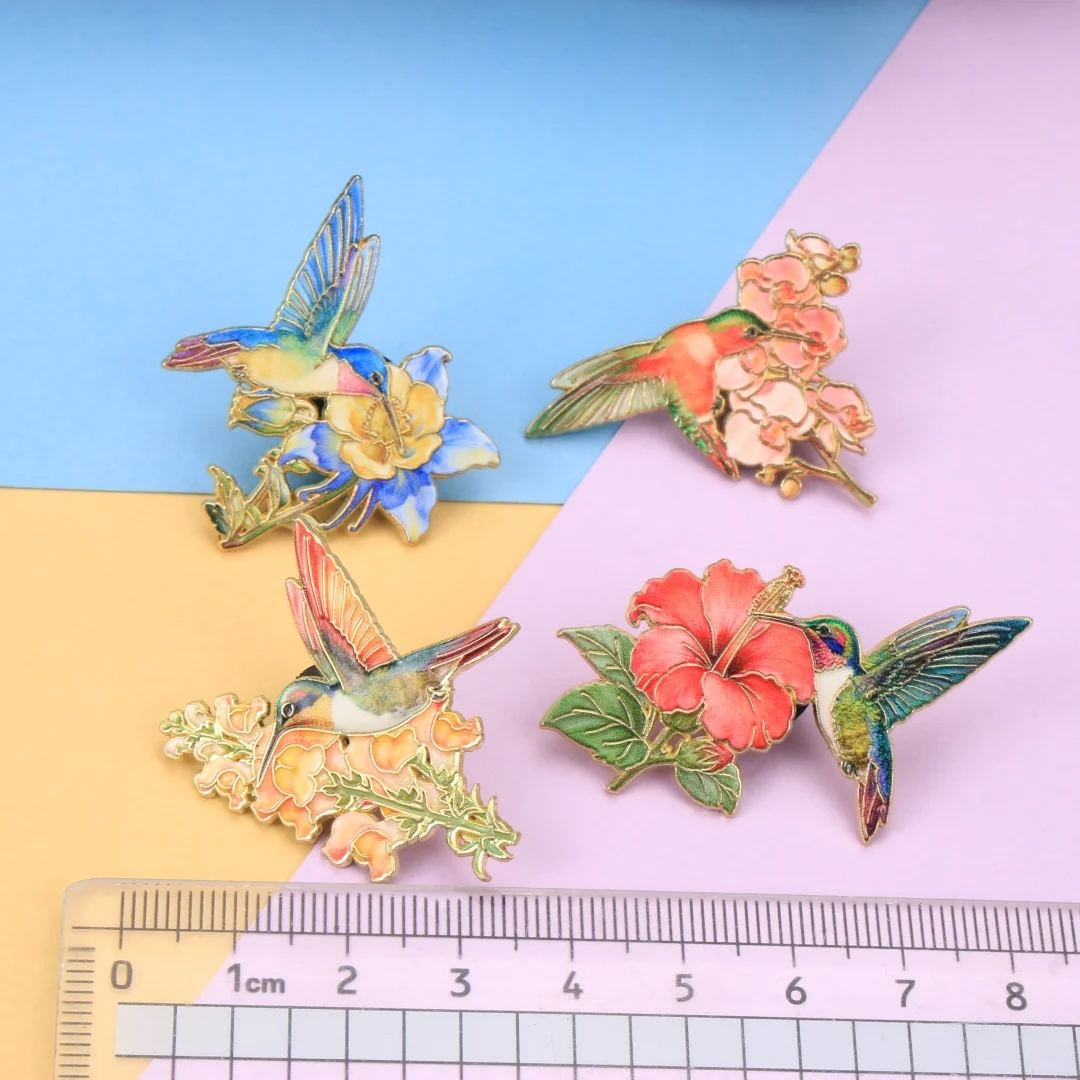 Assorted Vibrant Hummingbird & Floral Enamel Pin Set, Delicate Gold Trim Bird Brooches, Colorful Botanical Metal Badges Jackets view 4