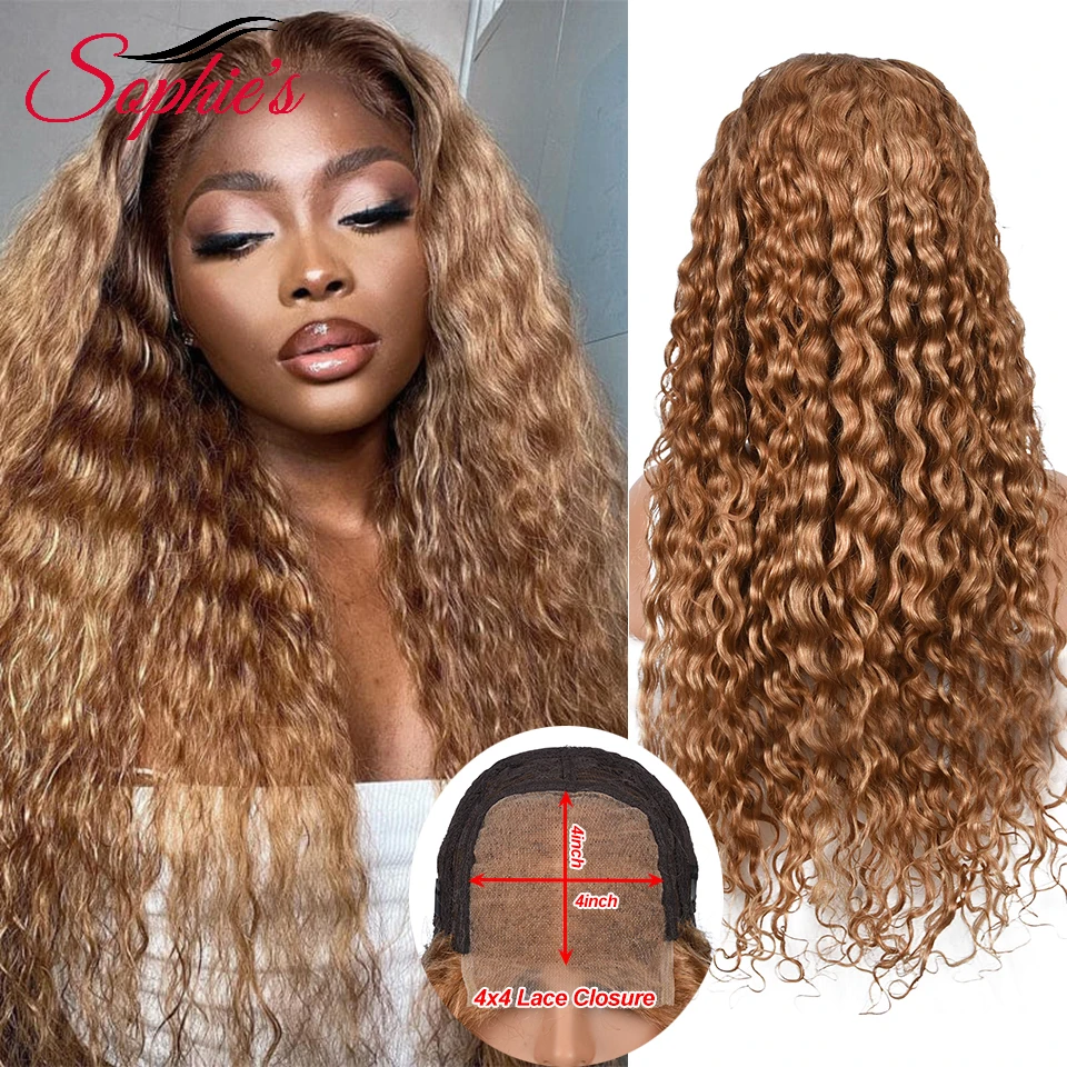 

Sophies 4*4 Lace Closure Water Wave Wig 27 Blonde Color Wigs Human Hair Brazilian Hiar Remy Hair 180% Density 12-26 Inches Wig