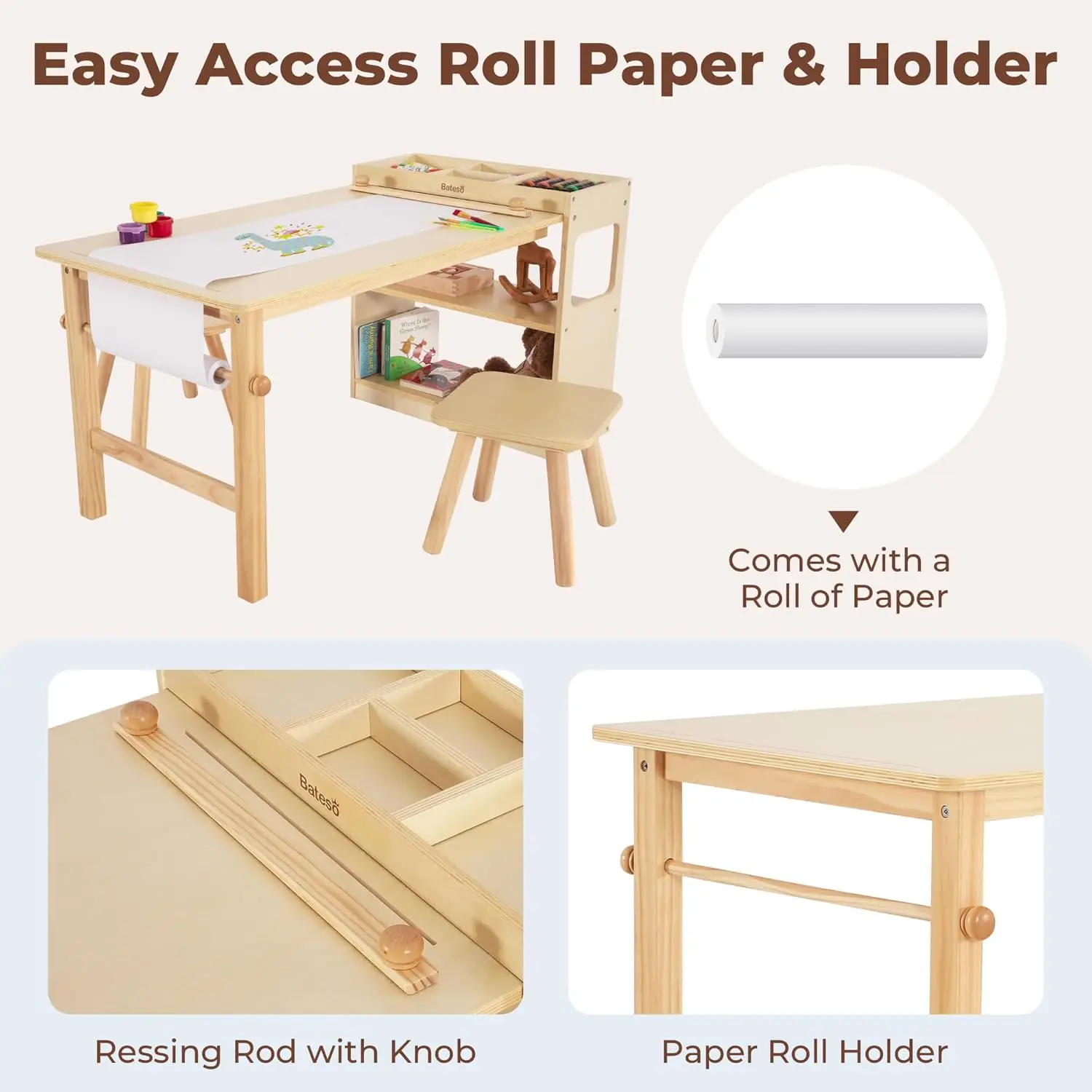 Kids Art Table and 2 Chairs with Roll Paper, Craft Table with Large Storage Shelves, Drawing Desk, Kids Activity Table and Study