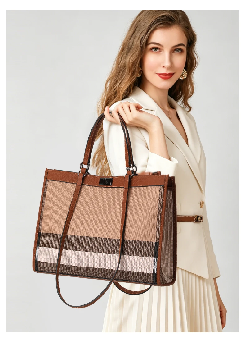 Vintage Karierte Canvas-Leder-Kombination Tragetasche Damen Handtasche mit Verschluss Große Kapazität Schultertasche für Alltag Arbeit Reise – Detail 1