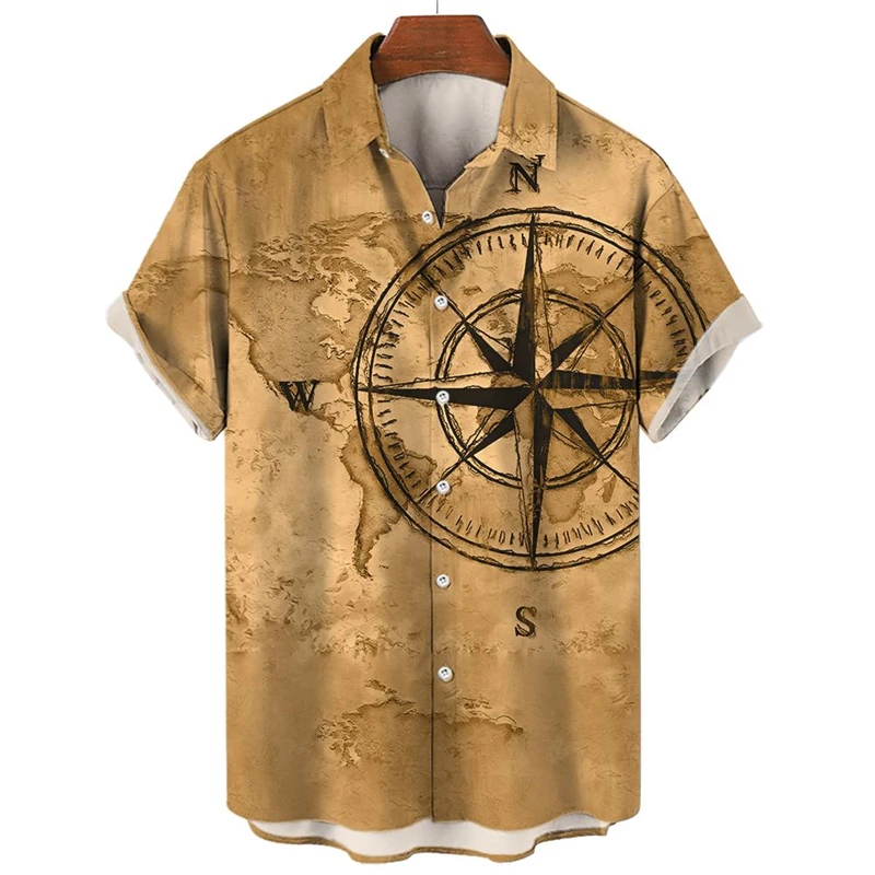 2025 Vintage Short Sleeve Shirts For Men 3d Compass Printed Nautical Tops Summer Sweatshirt Designer Oversized Men's Clothing