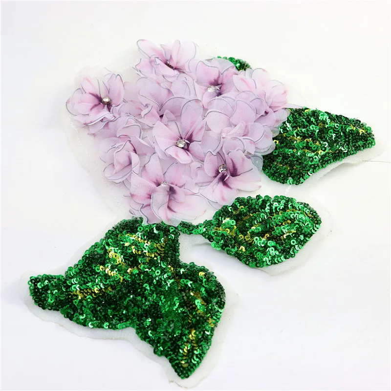 Big Size Shining Beaded Sequins Light Purple Flower Patch Green Leaf DIY Dress Clothes Accessories