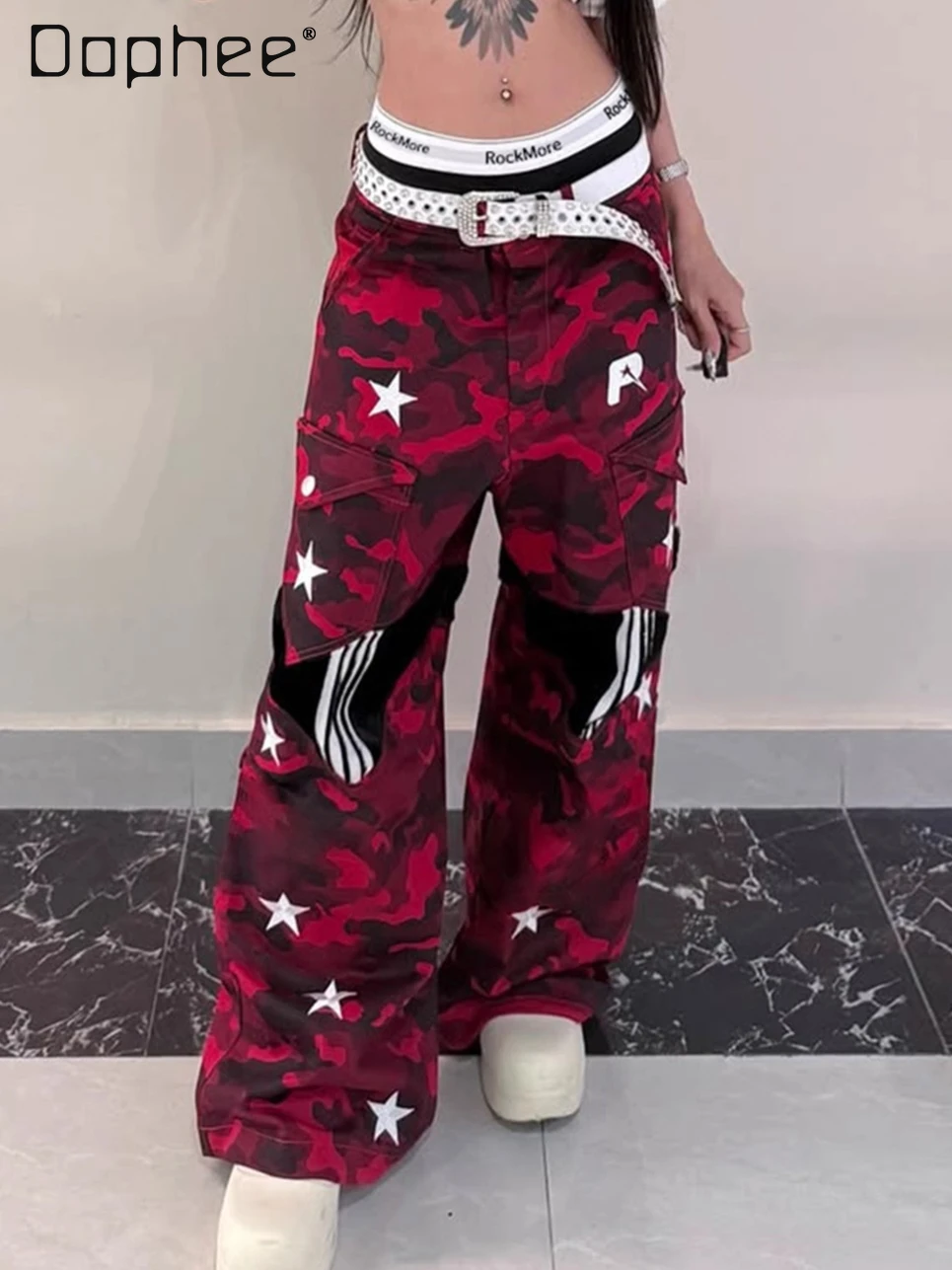 

Hot Girl Street Camouflage Star Print Patchwork Casual Pants Women Low Waist Loose Slim Harajuku Style Trendy Wide-Leg Pants