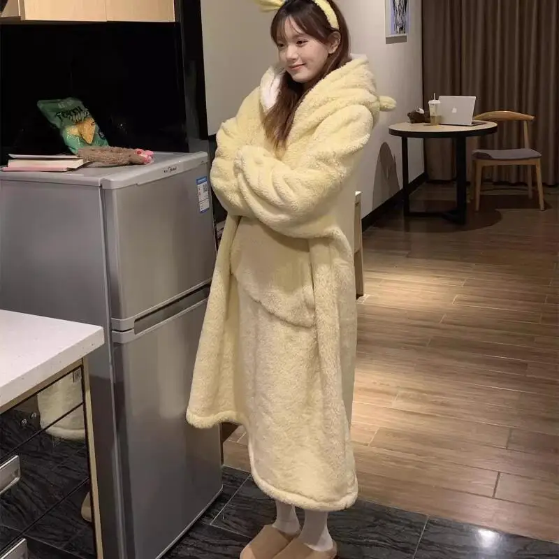 

Sweet Robe Spring Autumn Girl Hooded Pajamas Keep Warm Nightwear Woman Thicken Nightdress New Sleepwear Coral Fleece Homewear