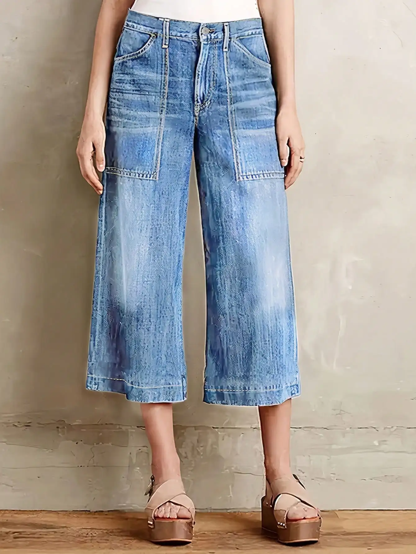 

WGXWGX Women's High-Waisted Wide-Leg Denim Culottes Vintage Wash Patchwork Pocket Design Casual Summer Cotton Blend Jeans