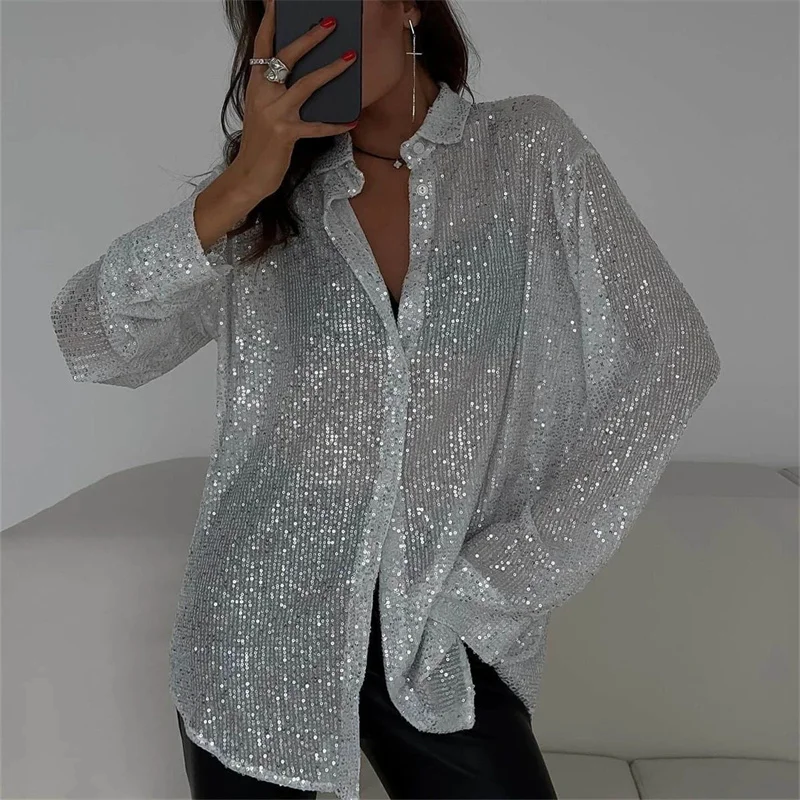

Spring Autumn Paillette Shirt 2025 New Loose Lapel Single-Breasted Women's Clothes Top Solid Color Fashion Female Blouse