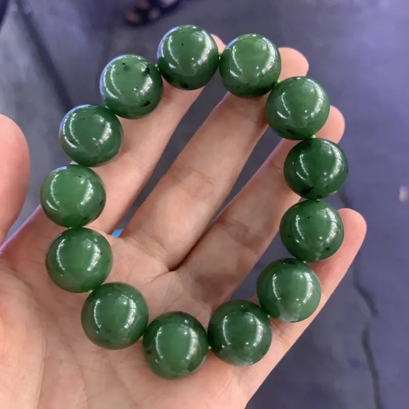 Hotan Men, Spinach Green Jadeite , Natural Jade Round Bead Bracelet