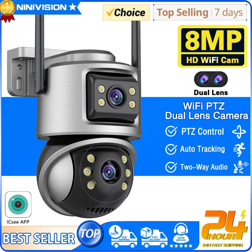 Dual Lens Wifi Camera Outdoor 4K 8MP PTZ Night Vision Dual Screen Human Detection 4MP Security Protection Surveillance IP Camera