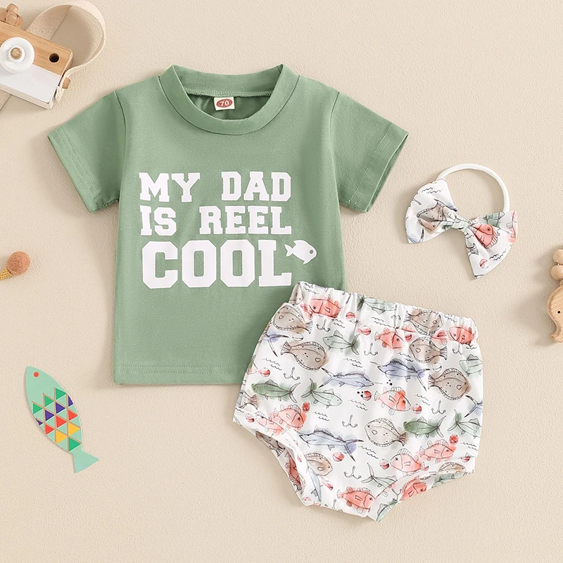 

Baby Girl Clothes Letter Print Short Sleeve T-Shirts Fish Print Shorts Headband 3pcs Summer Outfit 3-24M