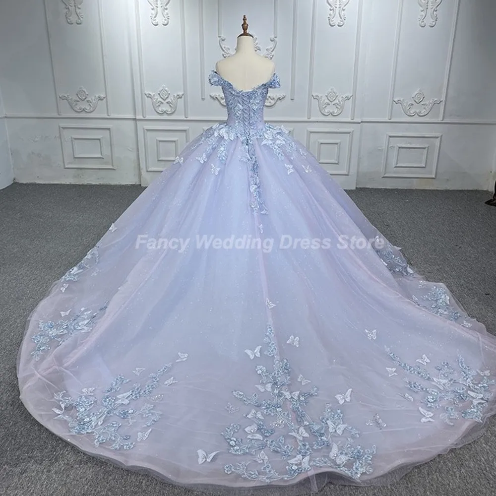 Phantasie wunderschöne Glitzer 15 Quince anera Kleider von der Schulter V-Ausschnitt Schmetterlinge A-Linie bling bling Tüll Geburtstags feier Kleid