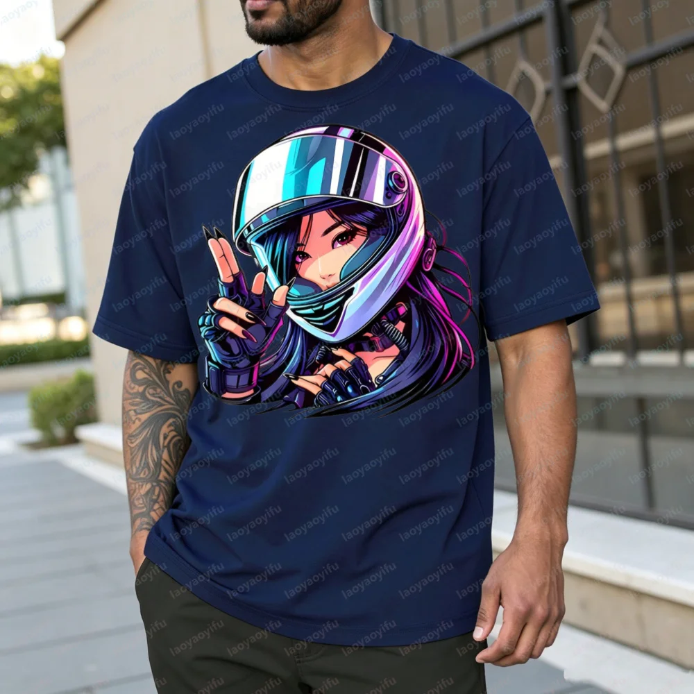 Anime Girl Peace Sign with Racing Helmet Graphic Cotton Tee, Birthday Gift for Men Women