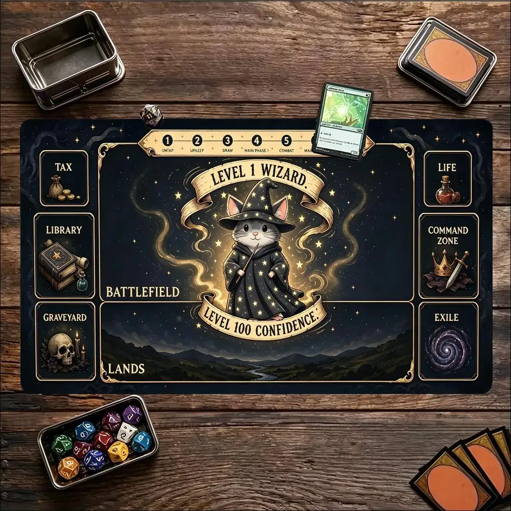 Cute Cat Wizard Level 1 Magic Anime Fantasy Starry Card Game Large Gaming Playmat Non Slip Rubber Base XXL Desk Mat for Gamer