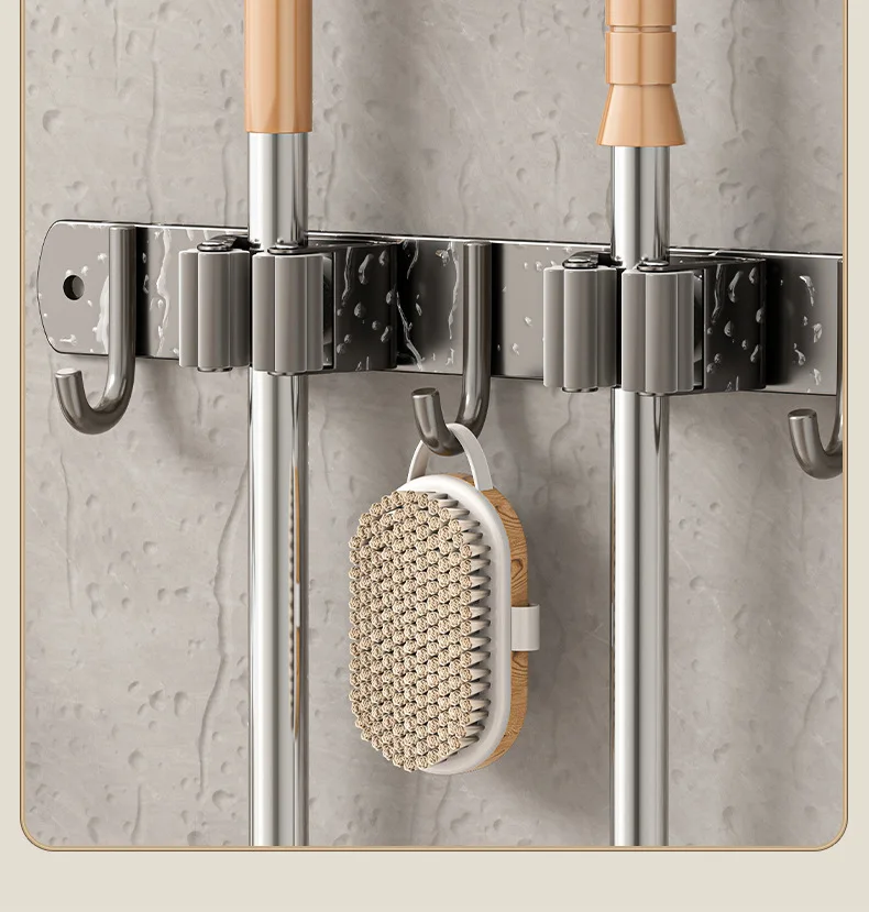 Edelstahl Wandmontierter Mopphalter Organizer mit Haken Bohrfreie Badezimmer-Besen-Aufbewahrungsklammer Robuste Halterung – Detail 17