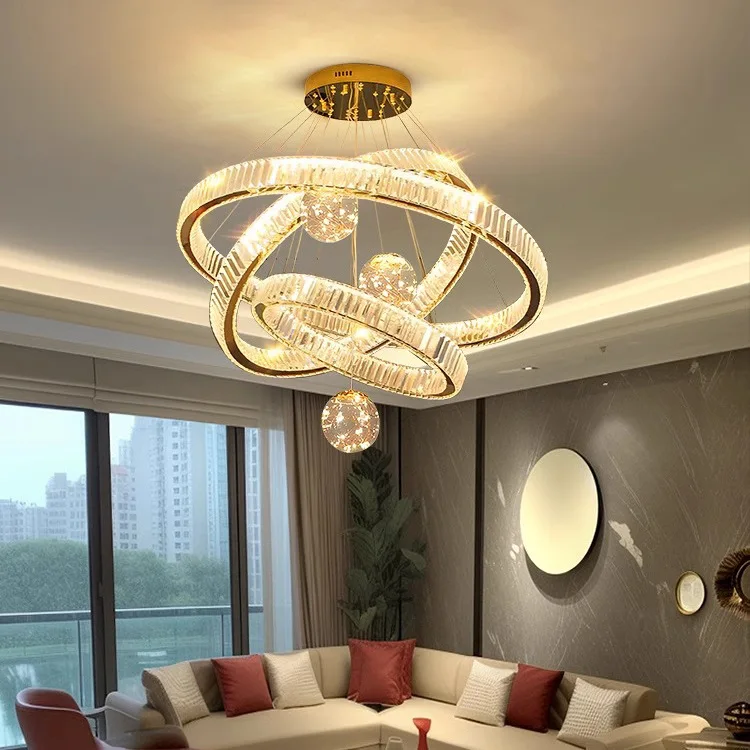 Modern Luxury Interior Pendant Gold Light Emitting Diode K9 Crystal Chandelier, Ring Suspension Design Living Iron Home