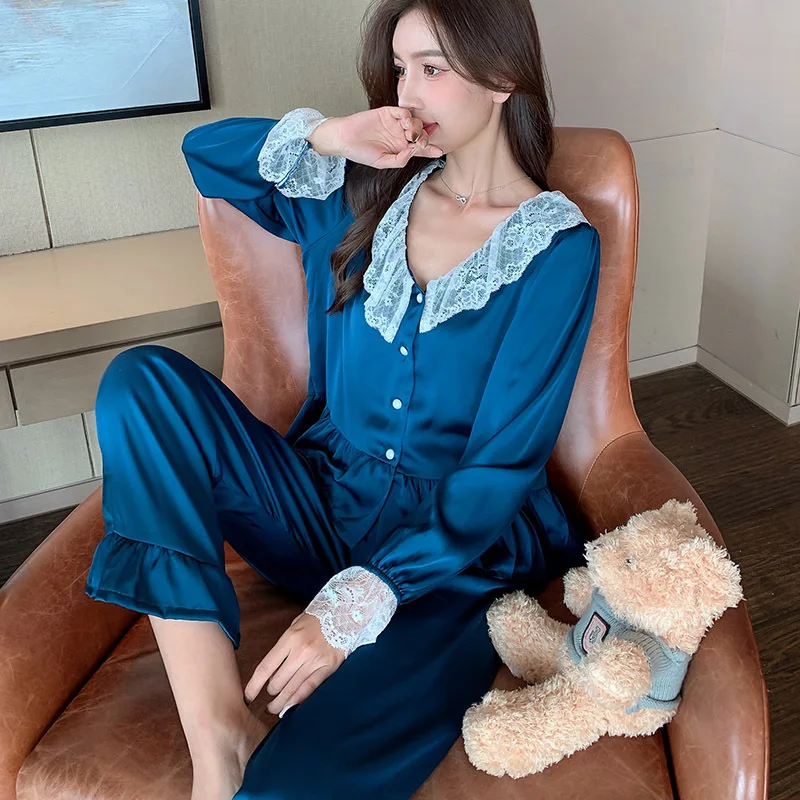 New Women 2PCS Pajamas Set Sweet Cute Lace Ruffles Sleepwear Trouser Suits Spring Autumn Long Sleeve Pijamas Suit Rayon Homewear