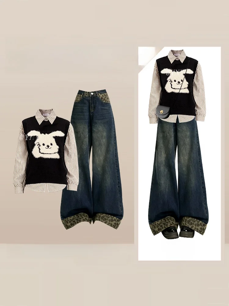 

Rabbit Print Knitted Vest Shirt Wide Leg Jeans Women's Winter Loose Minimalist Style Two Piece Set Fashionable Student Uniform