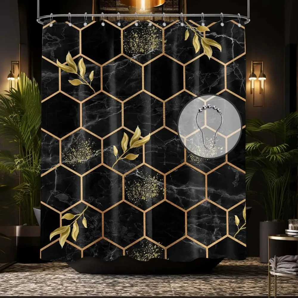 

Black and Gold Printed Shower Curtain Mustard Modern Geometric Abstract for Bathroom Decor