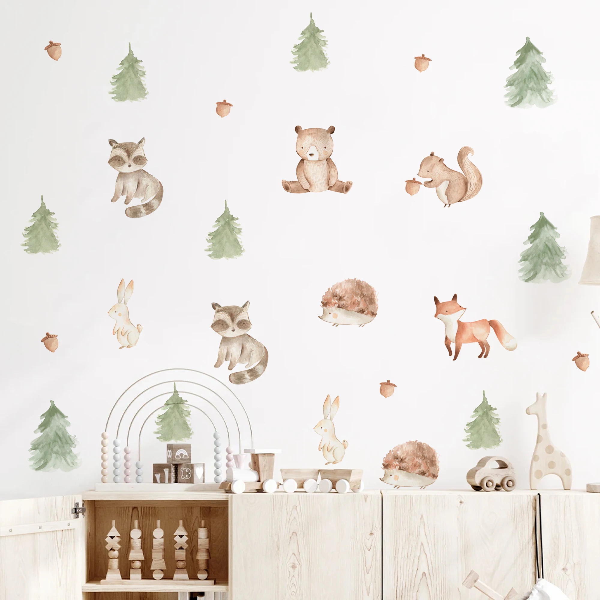 

Cartoon Raccoon Rabbit Hedgehog Pine Tree Wall Sticker Nursery Children Room Vinyl Wall Art Decal Kids Room Bedroom Living Home