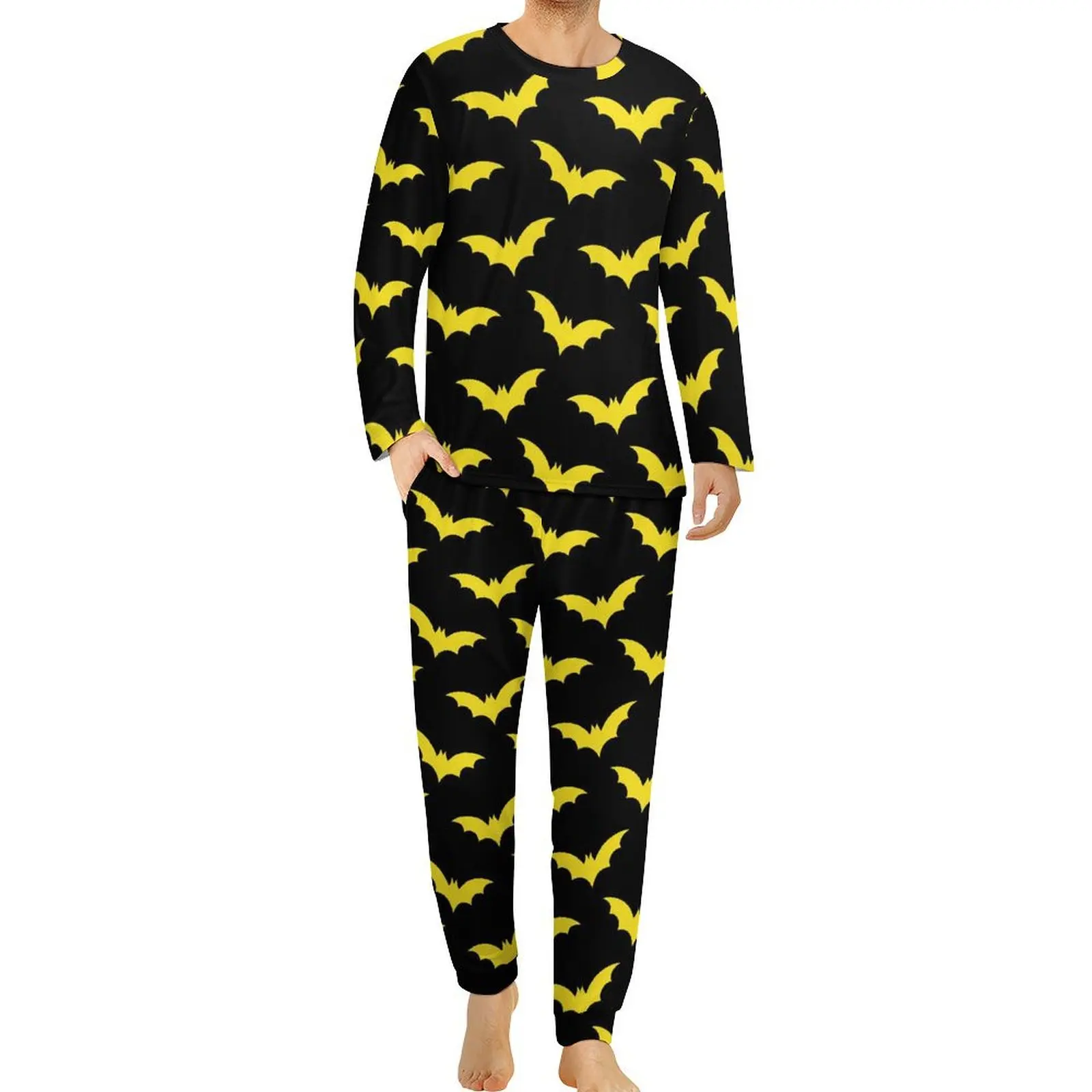 Gothic Art Print Pajamas Spring 2 Piece Halloween Yellow Bats Pajama Sets Men Long Sleeve Room Graphic Nightwear 3XL 4XL 5XL