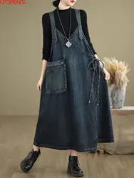 Fashion Solid Color Loose Denim Spaghetti Strap Dress Women Spring And Summer V-neck Suspender Spliced Large Pockets Long Dress