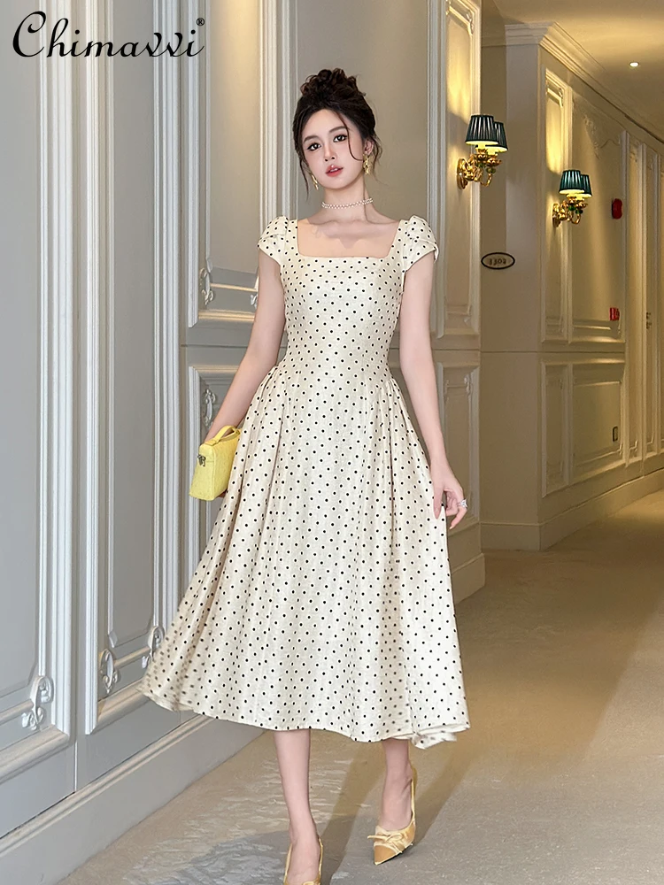 

French Temperament Elegant High-End Square Neck Puff Sleeve Dot Print High Waist Slim A-line Long Evening Dress For Women Summer