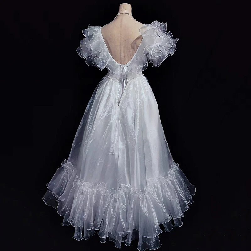 AnXin SH vintage princess white organza ruffles v neck short puff sleeve beading pearls Antique customized wedding dress