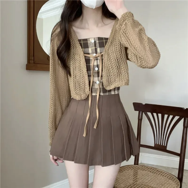Korean Preppy Spicy Girl New Knit Plaid 3 Piece Sets Women Tie Front Cardigan Camisole Pleated Skirt Suits Y2k Chic Casual Daily