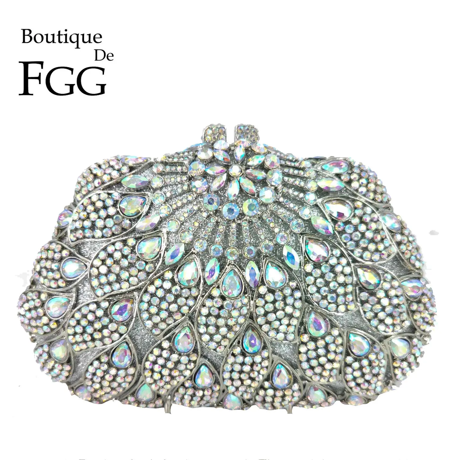 

Boutique De FGG Elegant Silver AB Women Flower Evening Bags Crystal Clutch Wedding Party Bridal Rhinestone Purses and Handbags