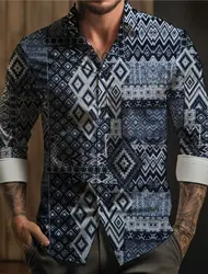 Aztec Tribal Ethnic Men's Vintage style 3D Printed Boho Shirt Street Fall Turndown Long Sleeve shirts 4-Way Stretch Fabric Shirt