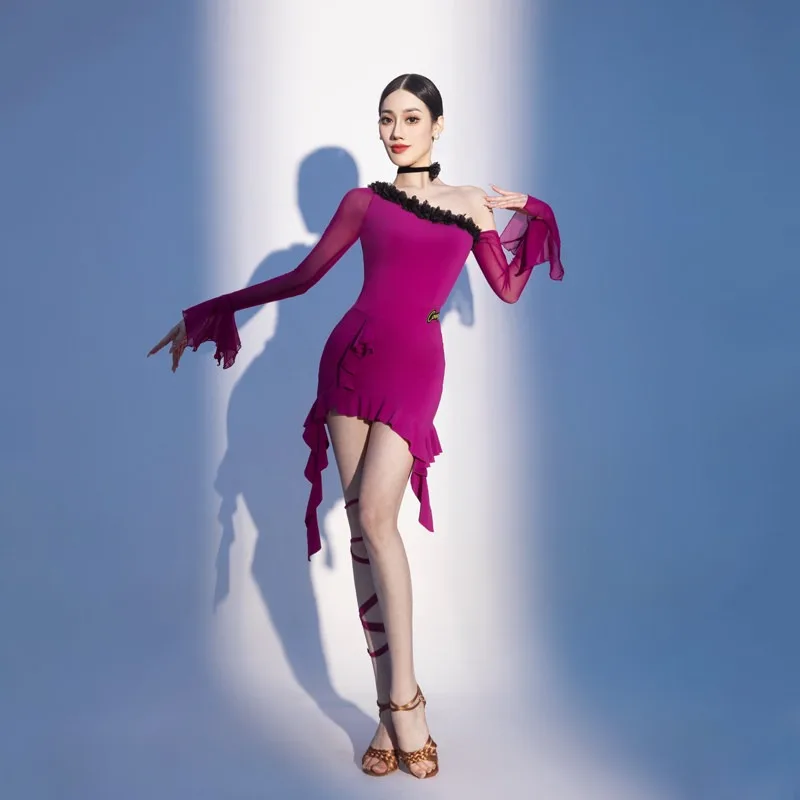 customized Latin dance practice costume adult top women's long sleeved performance clothes set